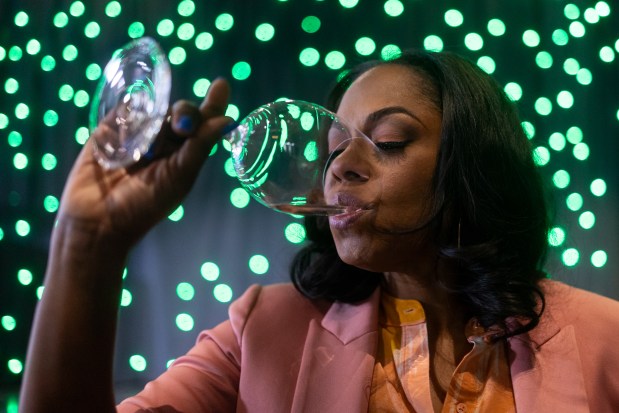 Regine Rousseau, a veteran wine educator and sommelier, tries a sample of a 2024 Gassier Côtes de Provence Rosé before appearing on WGN-TV Daytime Chicago for a segment titled "The Rise of Women In Wine" on March 13, 2025. (Audrey Richardson/Chicago Tribune)