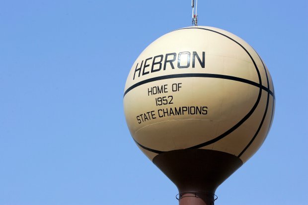 The water tower in Hebron has been painted like a basketball since 1984 in honor of the village's legendary Green Giants basketball team, which won the state championship in 1952. (Jim Prisching/Chicago Tribune)