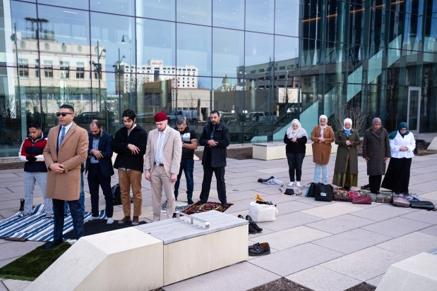 Family and supporters of Wadee Alfayoumi hold Friday prayers outside the Will County Courthouse before a jury found Joseph Czuba guilty on all charges in the hate crime murder of the Plainfield six-year-old, Feb. 28, 2025. (E. Jason Wambsgans/Chicago Tribune)