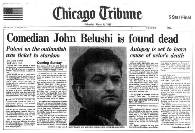 Actor and Chicago native John Belushi was discovered dead on March 5, 1982 at the Chateau Marmont in Los Angeles. (Chicago Tribune)