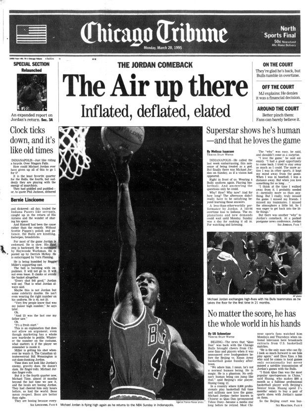 In his first game back with the Chicago Bulls on March 19, 1995, Michael Jordan scores 19 points in 43 minutes. The Bulls lost to the Indiana Pacers 103-96 in Indianapolis. (Chicago Tribune)