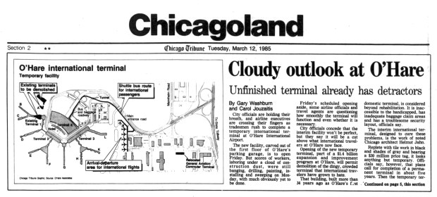 City officials opened a new, temporary international terminal to travelers on March 15, 1985 at Chicago's O'Hare International Airport despite it not being completed. (Chicago Tribune)