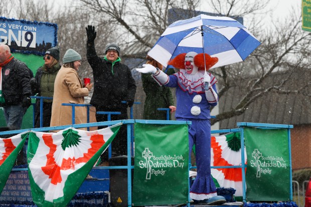 Bozo the Clown rides on the WGN float during the South Side Irish Parade. (Eileen T. Meslar/Chicago Tribune)