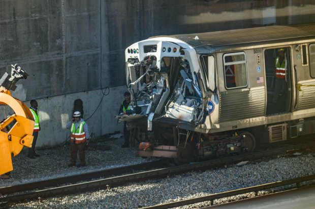 A crashed CTA Yellow Line "L" train sits at the Howard Rail Yard in Rodgers Park on Nov. 17, 2023. (Talia Sprague/Chicago Tribune)