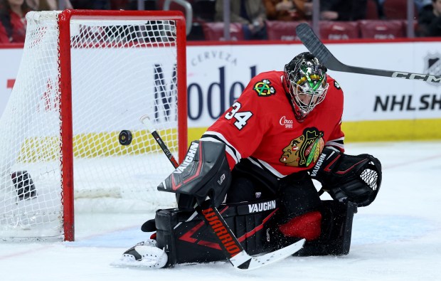 Blackhawks goaltender Petr Mrazek  blocks a shot against the Predators on Feb. 7, 2025, at the United Center. (Chris Sweda/Chicago Tribune)