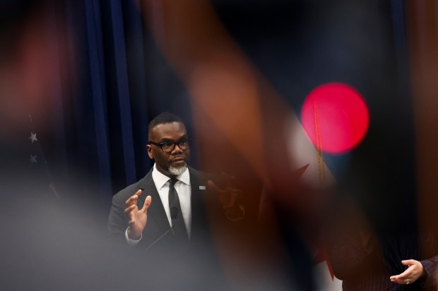 Mayor Brandon Johnson speaks during a press conference at City Hall on March 12, 2025. (Eileen T. Meslar/Chicago Tribune)