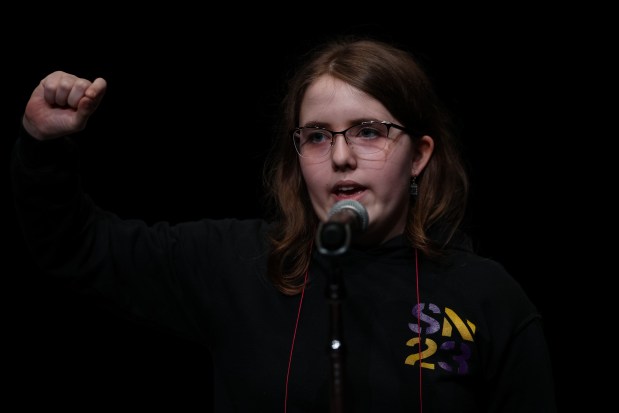 Beatriz Whitford-Rodriguez, 13, of Skinner North Classical School, attempts to spell sauerkraut as her last word during the 2025 Citywide Spelling Bee Championship against other Chicago Public School students at Curie Metropolitan High School on March 13, 2025. Whitford-Rodriguez won the competition and will get to compete in the 100th Scripps' National Spelling Bee this May, in Washington, D.C. (Audrey Richardson/Chicago Tribune)