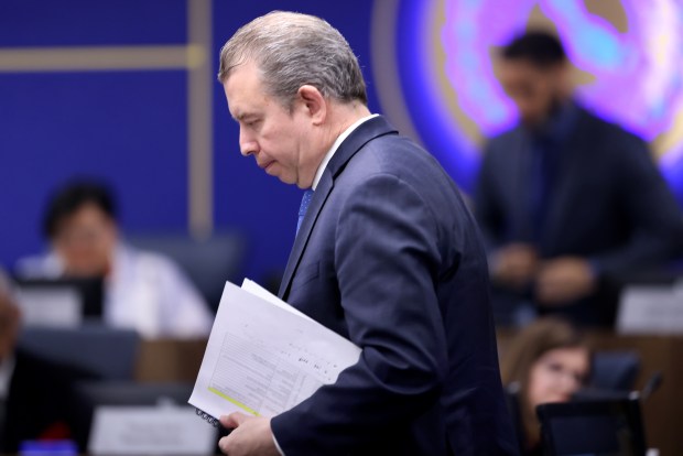 Chicago Public Schools CEO Pedro Martinez leaves following a school board meeting on March 13, 2025. (Antonio Perez/Chicago Tribune)