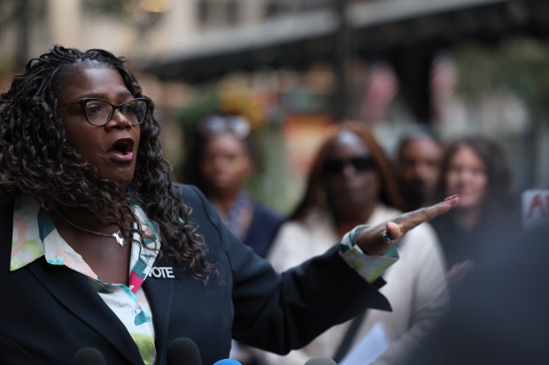 Tara Stamps, Cook County Commissioner and educator, speaks along with representatives from Chicago Teachers Union, ACRE, HOPE Center, Kenwood Oakland Community Organization, North Side Action for Justice and CPS Parents as they gather to announce their plan for a "Revenue Recovery Package" which they believe will provide greater funding for the City of Chicago and Chicago Public Schools on Oct 9, 2024. (Stacey Wescott/Chicago Tribune)