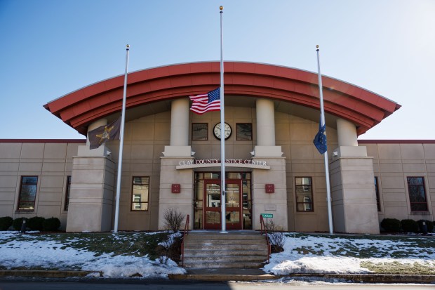 Flags sit outside the Clay County Justice Center home to a U.S. Immigration and Customs Enforcement detention center on Jan. 28, 2025, in Brazil, Indiana. (Armando L. Sanchez/Chicago Tribune)