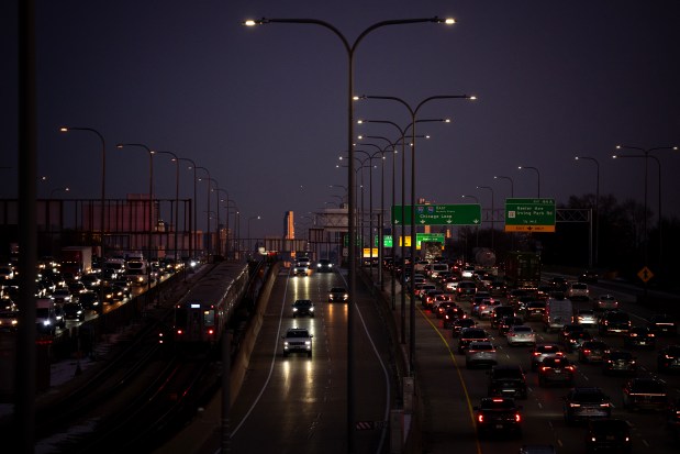 Express lanes on the Kennedy Expressway reopen after a month's delay on Jan. 13, 2025, as the testing of a new reversible gate system nears completion, according to the Illinois Department of Transportation. (E. Jason Wambsgans/Chicago Tribune)