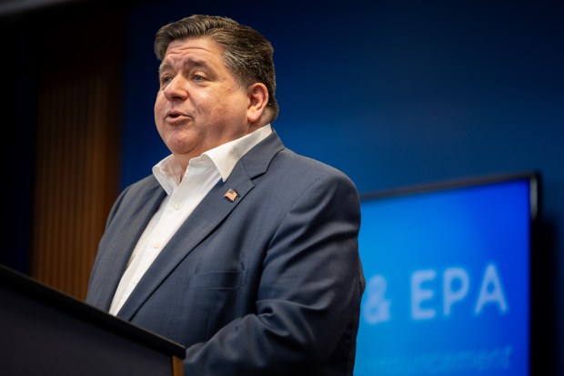 Gov. JB Pritzker speaks at a news conference announcing federal funding for renewable energy in Illinois awarded through the Environmental Protection Agency Clean Ports Program and Climate Pollution Reduction Grant Program in Chicago on Nov. 15, 2024. (Tess Crowley/Chicago Tribune)