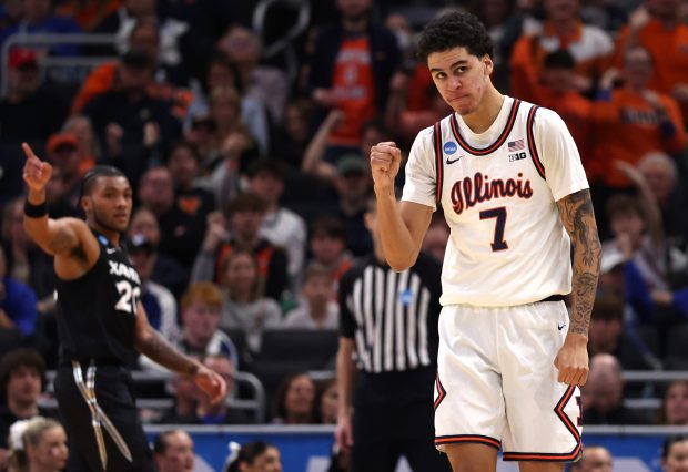 Illinois' Will Riley pumps his fist against Xavier in the first round of the NCAA Tournament on March 21, 2025, at Fiserv Forum in Milwaukee. Riley scored 22 points in the Illini's 86-73 win. (Chris Sweda/Chicago Tribune)