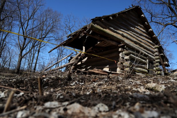 Partially collapsed roof of the Trent barn needing repair at Lincoln's New Salem State Historic Site, March 10, 2025, in Petersburg, Illinois. (Antonio Perez/Chicago Tribune)