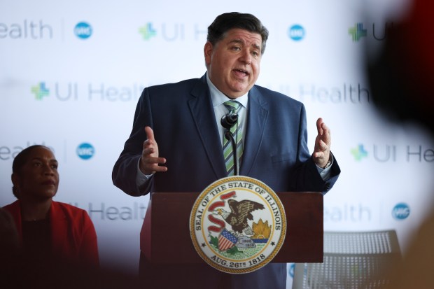 Gov. JB Pritzker delivers remarks during a press conference at the UI Health Mile Square Health Center, Feb. 28, 2025, discussing the impact of planned cuts to Medicaid health coverage. (Eileen T. Meslar/Chicago Tribune)