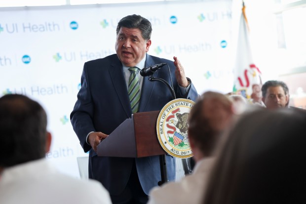 Gov. J.B. Pritzker speaks during a news conference at the UI Health Mile Square Health Center on Feb. 28, 2025, discussing the impact of potential cuts to Medicaid health coverage. (Eileen T. Meslar/Chicago Tribune)