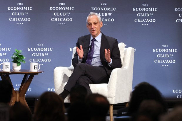 Rahm Emanuel, former Chicago mayor and most recently the U.S. ambassador to Japan, addresses attendees at The Economic Club of Chicago luncheon at the Fairmont Hotel on March 3, 2025. (Antonio Perez/Chicago Tribune)