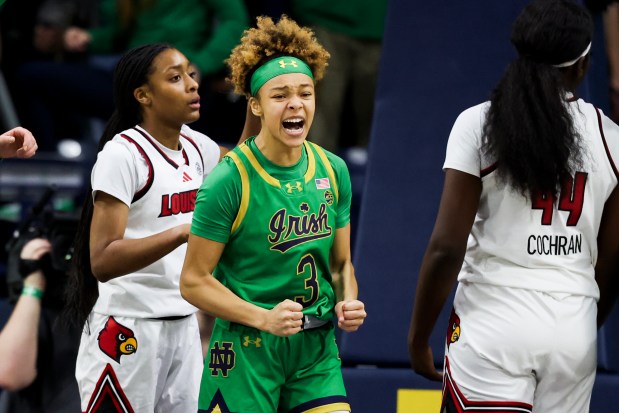 Notre Dame Fighting Irish guard Hannah Hidalgo (3) celebrates after getting fouled during the second quarter against the Louisville Cardinals at Purcell Pavilion in South Bend on Sunday, March 2, 2025. (Eileen T. Meslar/Chicago Tribune)