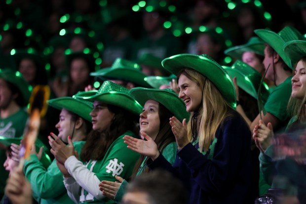 Notre Dame Fighting Irish fans cheer before the game against the Louisville Cardinals at Purcell Pavilion in South Bend on Sunday, March 2, 2025. (Eileen T. Meslar/Chicago Tribune)