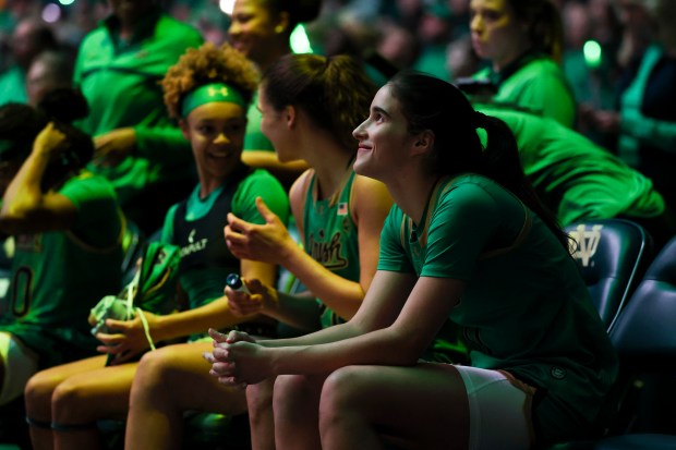 Notre Dame Fighting Irish guard Sonia Citron (11) waits to be introduced before the game against the Louisville Cardinals at Purcell Pavilion in South Bend on Sunday, March 2, 2025. (Eileen T. Meslar/Chicago Tribune)