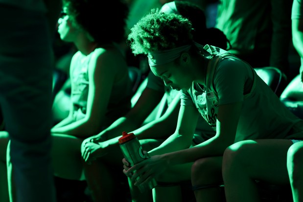 Notre Dame Fighting Irish guard Hannah Hidalgo (3) waits to be introduced before the game against the Louisville Cardinals at Purcell Pavilion in South Bend on Sunday, March 2, 2025. (Eileen T. Meslar/Chicago Tribune)