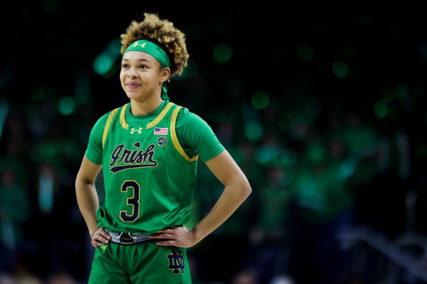 Notre Dame Fighting Irish guard Hannah Hidalgo (3) smiles during the third quarter at Purcell Pavilion in South Bend on Sunday, March 2, 2025. (Eileen T. Meslar/Chicago Tribune)