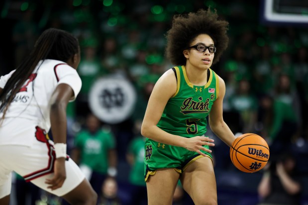 Notre Dame Fighting Irish guard Olivia Miles (5) brings the ball up the court during the third quarter at Purcell Pavilion in South Bend on Sunday, March 2, 2025. (Eileen T. Meslar/Chicago Tribune)