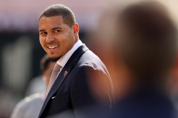 Bears general manager Ryan Poles watches players warm up for a game against the 49ers at Levi's Stadium on Dec. 8, 2024, in Santa Clara, Calif. (John J. Kim/Chicago Tribune)