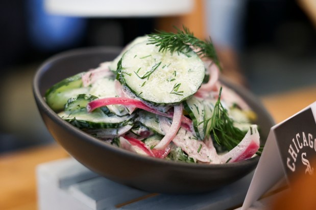 Lemon and Dill Cucumber Salad is displayed during media preview at the White Sox team store on Wednesday, March 19, 2025. The salad will be available in the Stadium Club Bar. (Eileen T. Meslar/Chicago Tribune)