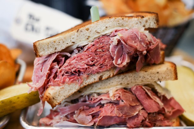 The 35th St. Reuben is displayed during media preview at the White Sox team store on Wednesday, March 19, 2025. The sandwich will be available in the Stadium Club Bar. (Eileen T. Meslar/Chicago Tribune)