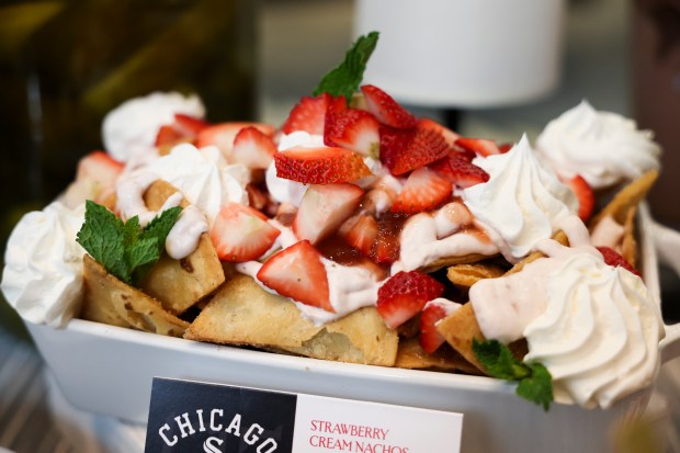 Strawberry Cream Nachos are displayed during media preview at the White Sox team store on Wednesday, March 19, 2025. The salad will be available in Club Level Seat Service. (Eileen T. Meslar/Chicago Tribune)