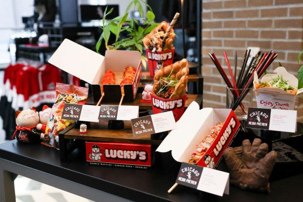 Delaware North's partnered with Lucky's for new food offerings in Section 154 at Rate Field. They are displayed during the media preview at the White Sox team store on Wednesday, March 19, 2025. (Eileen T. Meslar/Chicago Tribune)