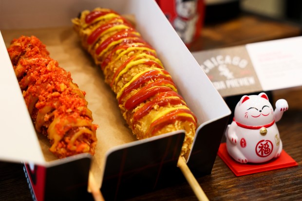 Lucky's Korean Dogs "El Diablo," and "All American," are displayed during the media preview at the White Sox team store on Wednesday, March 19, 2025. These will be offered in Section 154 at Rate Field. (Eileen T. Meslar/Chicago Tribune)