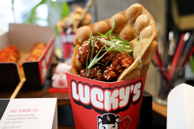 Lucky's Gojujang Bubble Waffle is displayed during the media preview at the White Sox team store on Wednesday, March 19, 2025. This will be offered in Section 154 at Rate Field. (Eileen T. Meslar/Chicago Tribune)