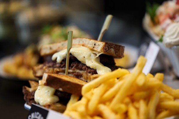 A Patty Melt is displayed during media preview at the White Sox team store on Wednesday, March 19, 2025. The sandwich will be available in Club Level Seat Service. (Eileen T. Meslar/Chicago Tribune)