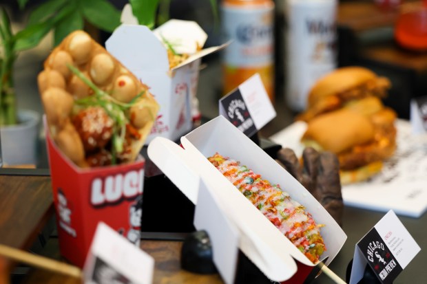 Lucky's Korean Dogs "Unicorn," which contains marshmallows, Fruity Pebbles, and sweet condensed milk, is displayed during the media preview at the White Sox team store on Wednesday, March 19, 2025. This will be offered in Section 154 at Rate Field. (Eileen T. Meslar/Chicago Tribune)