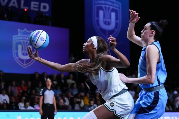 Rose's Angel Reese tries to controls the ball against the Mist's Brenna Stewart during an Unrivaled game on Feb. 7, 2025, in Medley, Fla. (Rich Storry/Getty Images)