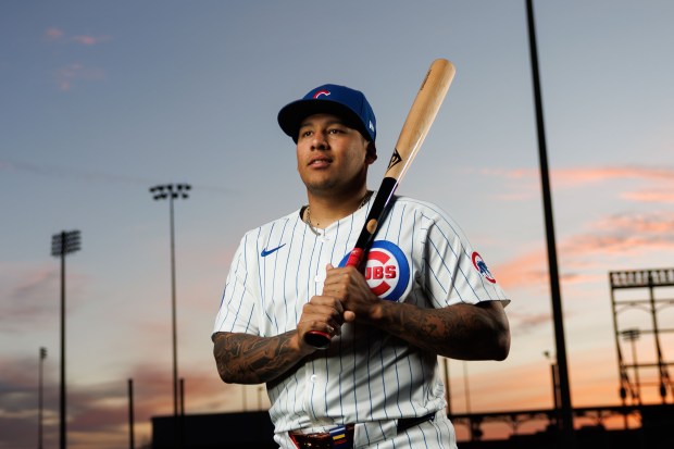 Chicago Cubs catcher Moisés Ballesteros poses for a portrait on media day during spring training at Sloan Park on Monday, Feb. 17, 2025, in Mesa, Ariz. (Armando L. Sanchez/Chicago Tribune)