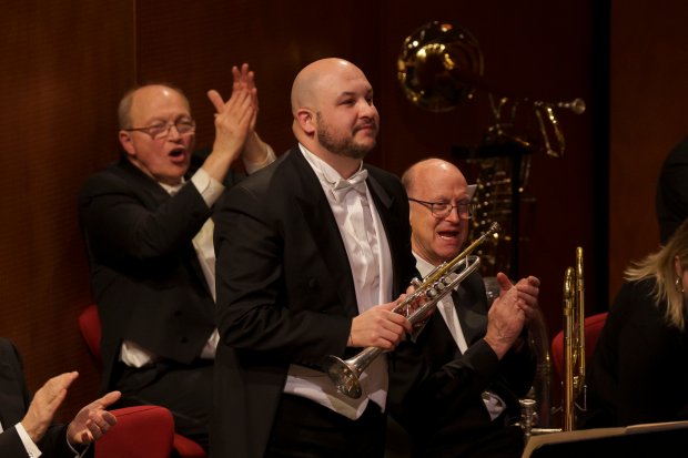 Esteban Batallán, principal trumpet of the Chicago Symphony Orchestra, takes a bow with the orchestra at Teatro alla Scala in Milan, Italy, in early 2024. (Todd Rosenberg)