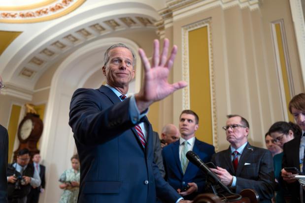 Senate Majority Leader John Thune, R-S.D., speaks to reporters as Republicans work to pass an interim spending bill that would avoid a partial government shutdown and keep federal agencies funded through September, at the Capitol in Washington, Tuesday, March 11, 2025. (AP Photo/J. Scott Applewhite)