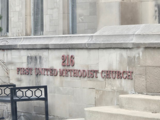 First United Methodist Church in downtown Elgin canceled their in-person Sunday service for one that will be held via Zoom after a Friday night storm ripped the roof from church and caused damage to its interior. (Gloria Casas/The Courier-News)