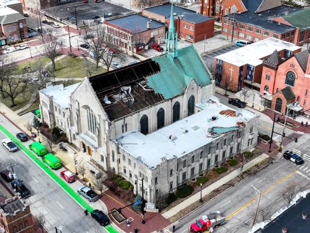 National Weather Service investigators believe straight-line winds not a tornado or microburst damaged the copper roof of First United Methodist Church in Elgin Friday night. Sunday services will be held at Cornerstone United Methodist Church while repair work is done, officials said. (First United Methodist Church in Elgin)