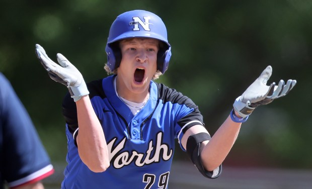 St. Charles North's Keaton Reinke (29) celebrates his double in the third inning against Batavia during the Class 4A Geneva Regional championship game on Saturday, May 27, 2023.