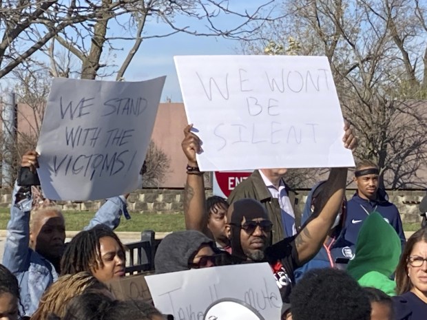 Students protest Nov. 3, 2022, outside Homewood-Flossmoor High School in Flossmoor after a female student said she was sexually assaulted in the school on Oct. 31.