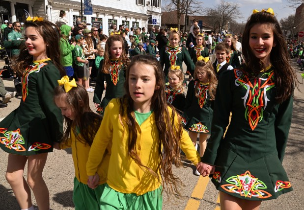 The McNulty Irish Dancers appear on the Center Street parade route at the Saint Patrick's Day Celebration on March 15, 2025 in downtown Grayslake. (Karie Angell Luc/Lake County News-Sun)