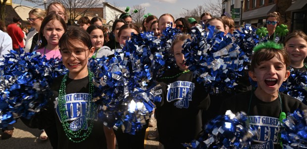 Pom pon visuals sparkle on the Center Street parade route at the Saint Patrick's Day Celebration on March 15, 2025 in downtown Grayslake. (Karie Angell Luc/Lake County News-Sun)