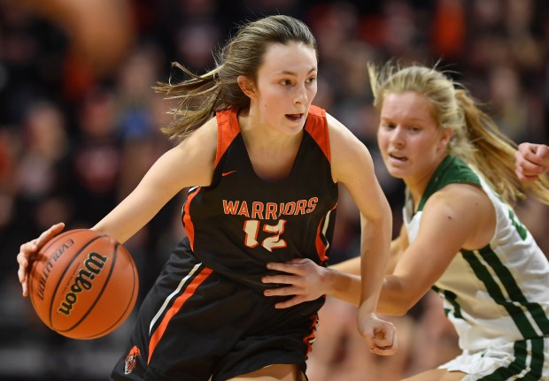 Lincoln-Way West's Taylor Gugliuzza (12) dribbles away from Fremd's pressure during the second quarter of the Class 4A state championship game at Illinois State University's Redbird Arena in Normal on Saturday, March 7, 2020.