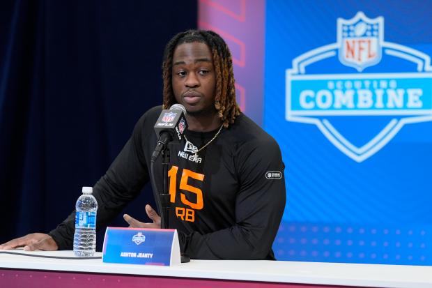 Boise State running back Ashton Jeanty speaks during a news conference at the NFL scouting combine on Feb. 28, 2025, in Indianapolis. (AP Photo/George Walker IV)