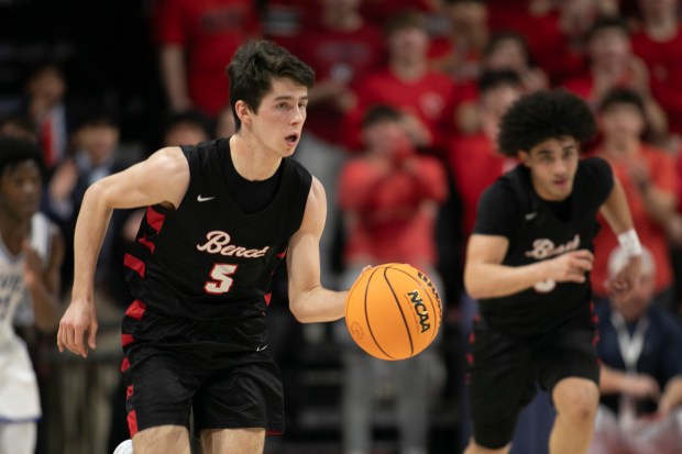 Benet #5 Michael Doyle drives down court after a steal during the Class 4A ISU Supersectional CEFCU Area, Normal Ill. March 10, 2025 (Daryl Wilson/for the Naperville Sun)