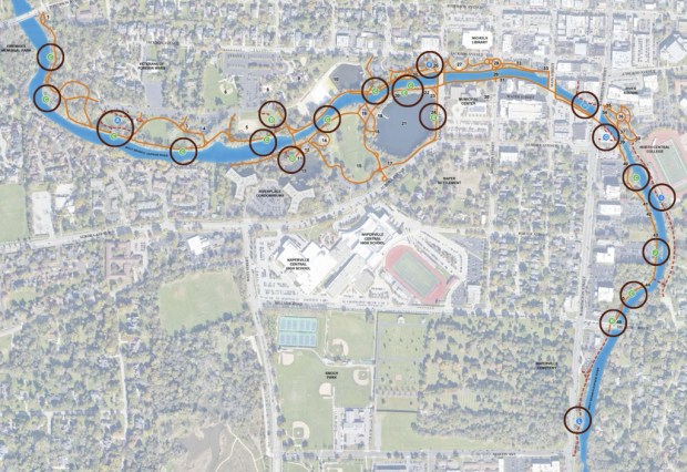 This map, included in the documents for 2031 Riverwalk Master Plan, identifies the areas along the Naperville Riverwalk that will be improved in anticipation of the downtown walkway's 50th anniversary. (City of Naperville)